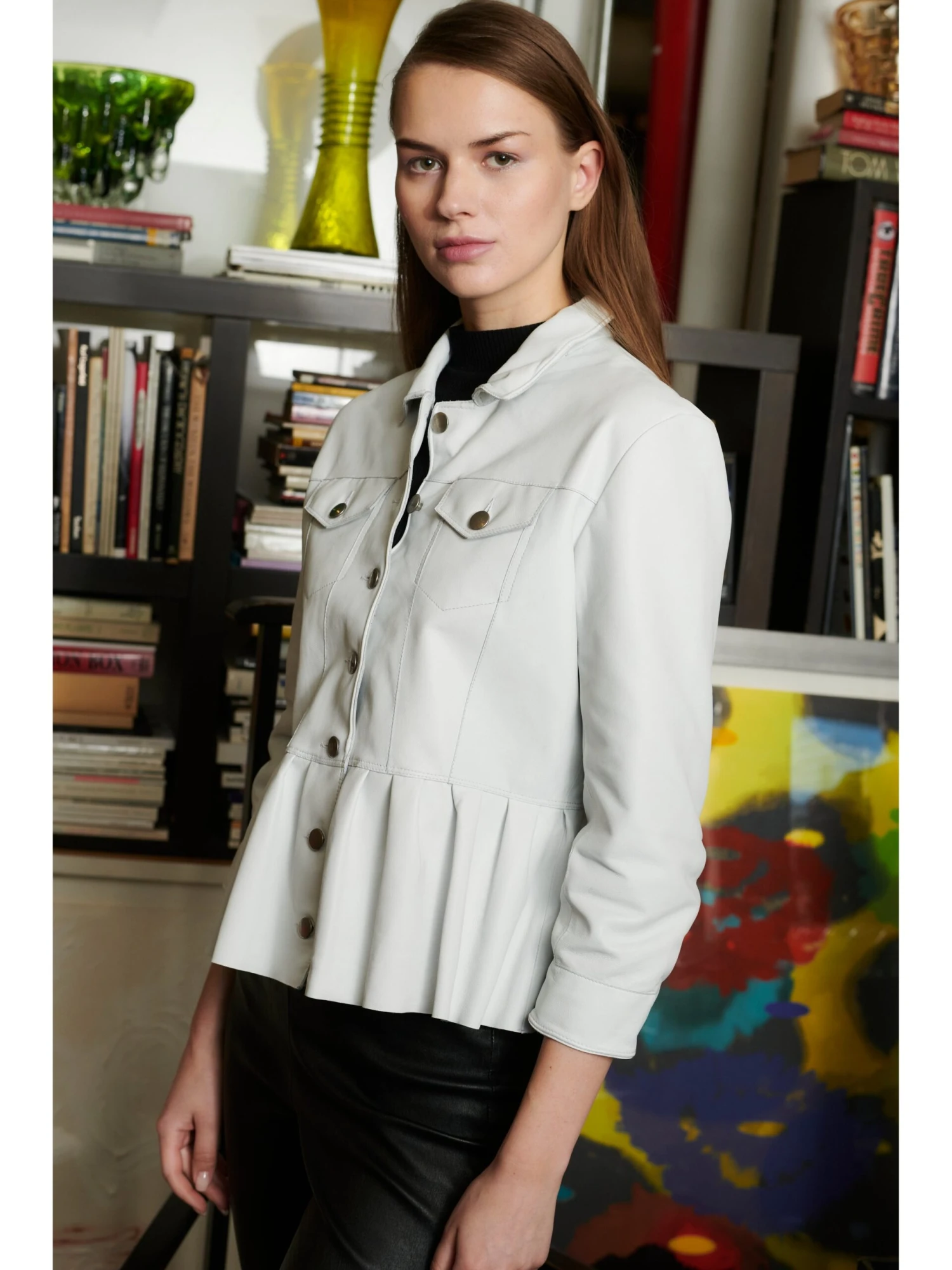JKT Brie Burnished Leather With Peplum Hem WHITE 5 JKT Brie Burnished Leather With Peplum Hem WHITE - Image 3
