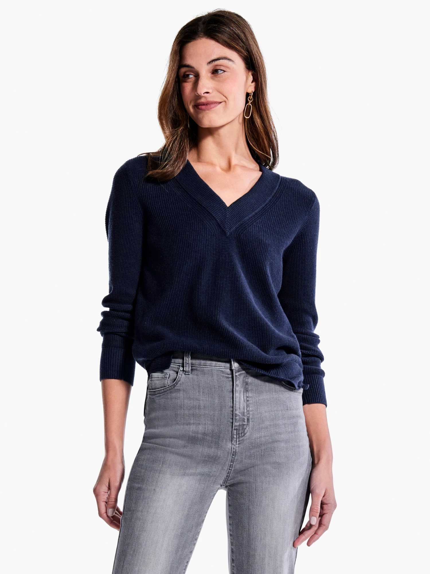 Waffle Stitch V-Neck Sweater DARK INDIGO 3 Waffle Stitch V-Neck Sweater DARK INDIGO