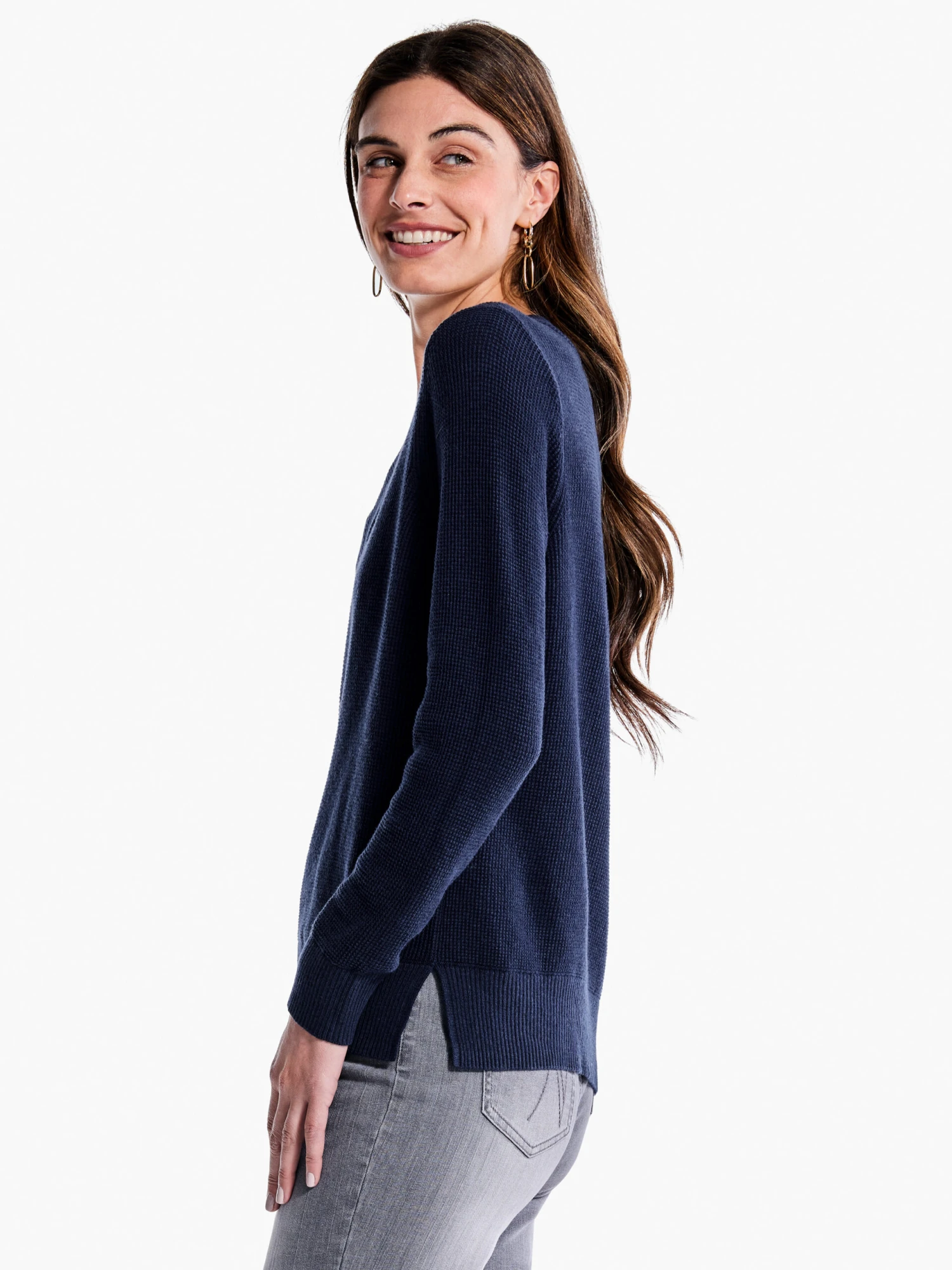 Waffle Stitch V-Neck Sweater DARK INDIGO 4 Waffle Stitch V-Neck Sweater DARK INDIGO - Image 2