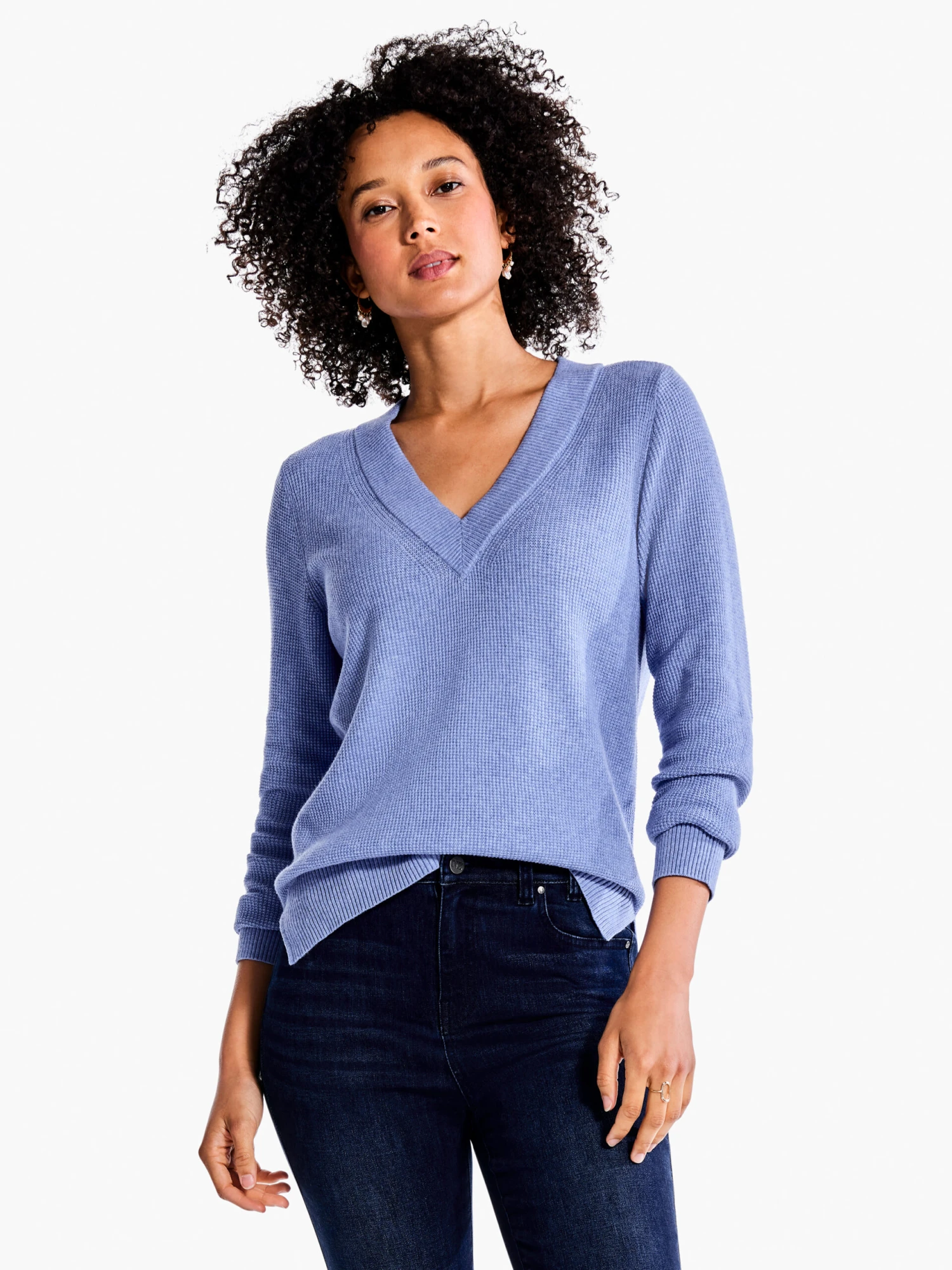 Waffle Stitch V-Neck Sweater IRIS 3 Waffle Stitch V-Neck Sweater IRIS