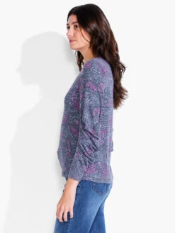 NZT Dotty Leaves Ruched Sleeve Crew Neck PINK MULTI -Deals Clothing Shop NZTF232042PKMPRODUCT 02