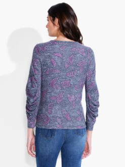 NZT Dotty Leaves Ruched Sleeve Crew Neck PINK MULTI -Deals Clothing Shop NZTF232042PKMPRODUCT 03