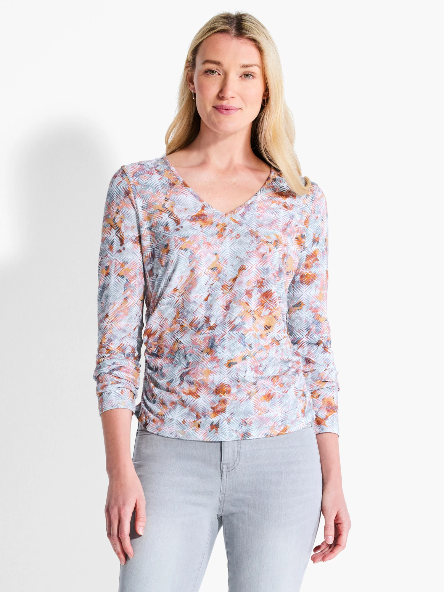 NZT Blurred Grid Long Sleeve V-Neck Ruched Tee PINK MULTI 3 NZT Blurred Grid Long Sleeve V-Neck Ruched Tee PINK MULTI