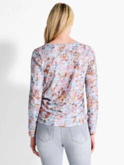 NZT Blurred Grid Long Sleeve V-Neck Ruched Tee PINK MULTI 8 NZT Blurred Grid Long Sleeve V-Neck Ruched Tee PINK MULTI -Deals Clothing Shop NZTF232063PKMPRODUCT 03