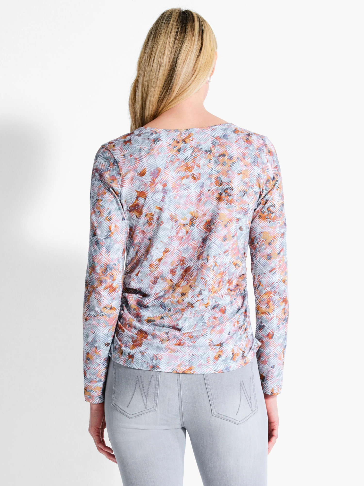 NZT Blurred Grid Long Sleeve V-Neck Ruched Tee PINK MULTI 5 NZT Blurred Grid Long Sleeve V-Neck Ruched Tee PINK MULTI - Image 3