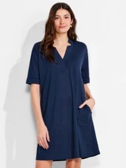 NZT Short Sleeve Notched V Dress DARK INDIGO