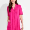 NZT Short Sleeve Notched V Dress SHOCKING PINK 2 NZT Short Sleeve Notched V Dress SHOCKING PINK -Deals Clothing Shop NZTM231259SKPPRODUCT 01